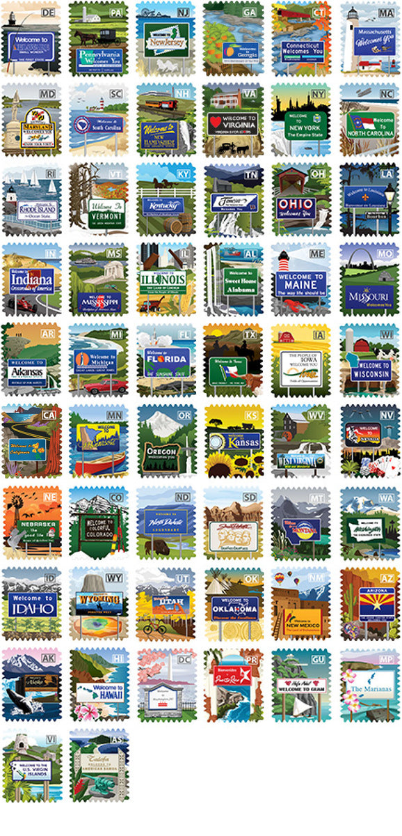 56 United States Travel Stamps Set